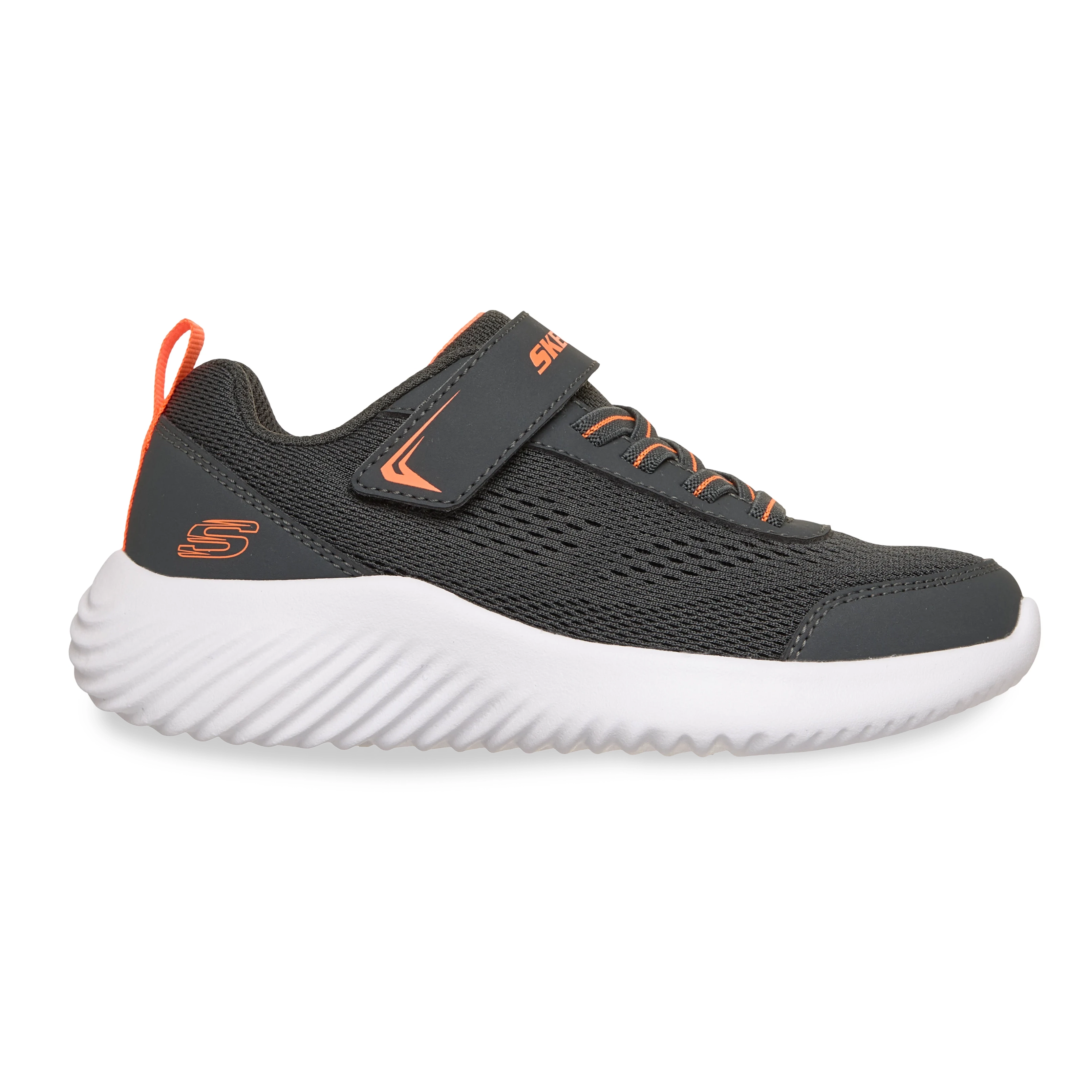 Tênis infantil Skechers Bounder cinza com detalhes em laranja, design casual e solado branco com relevos para aderência